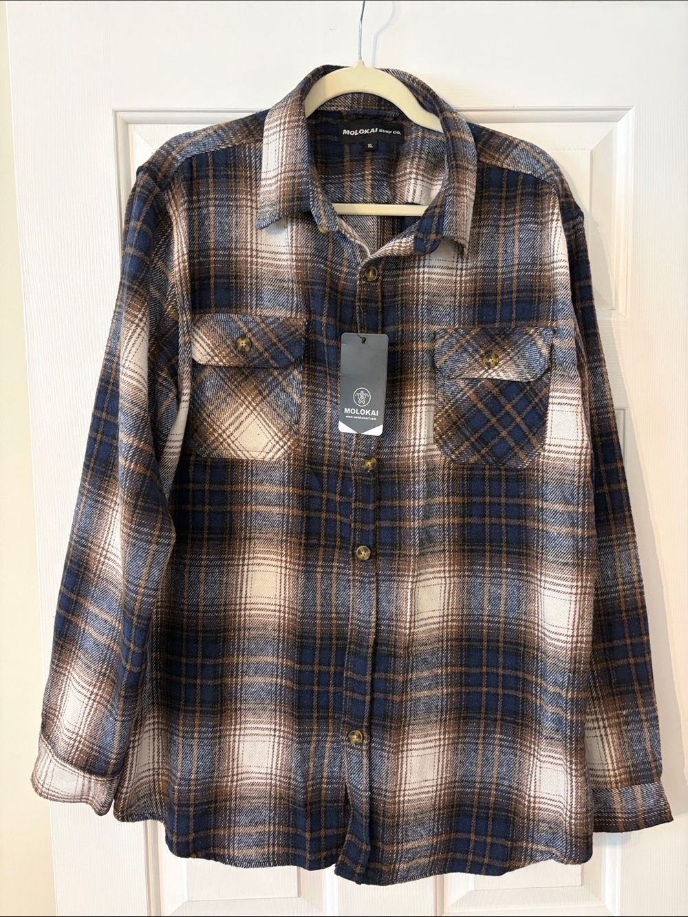 Molokai Surf Co. Men's Blue, Brown & Cream Plaid Flannel Shirt Size XL NWT